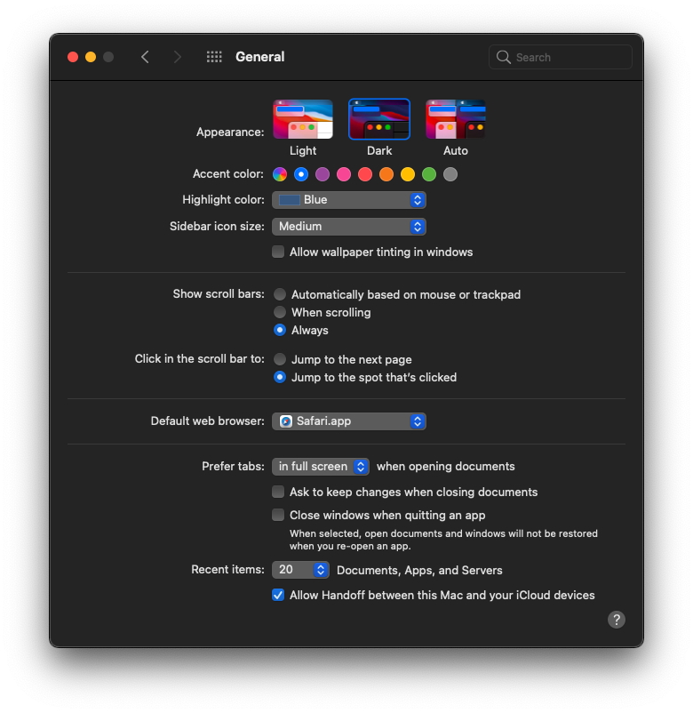 General settings with &ldquo;Blue&rdquo; accent color
