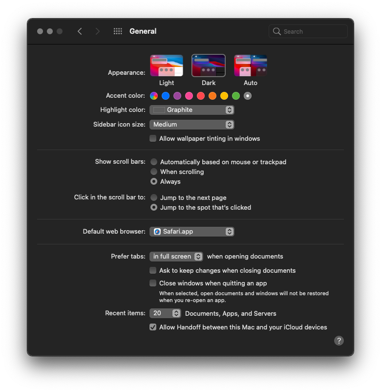 General settings with &ldquo;Graphite&rdquo; accent color