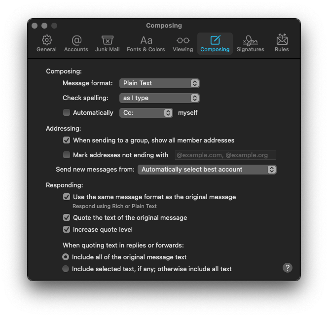The &ldquo;Composing&rdquo; settings tab in Mail.app
